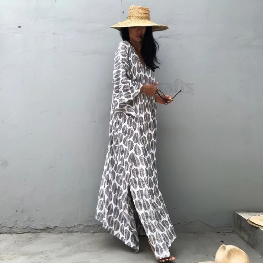 Grays Feather Foil Leaf Bohemian Gypsy Kaftan With Side Slit, Leaf Print - Picture 4 of 7